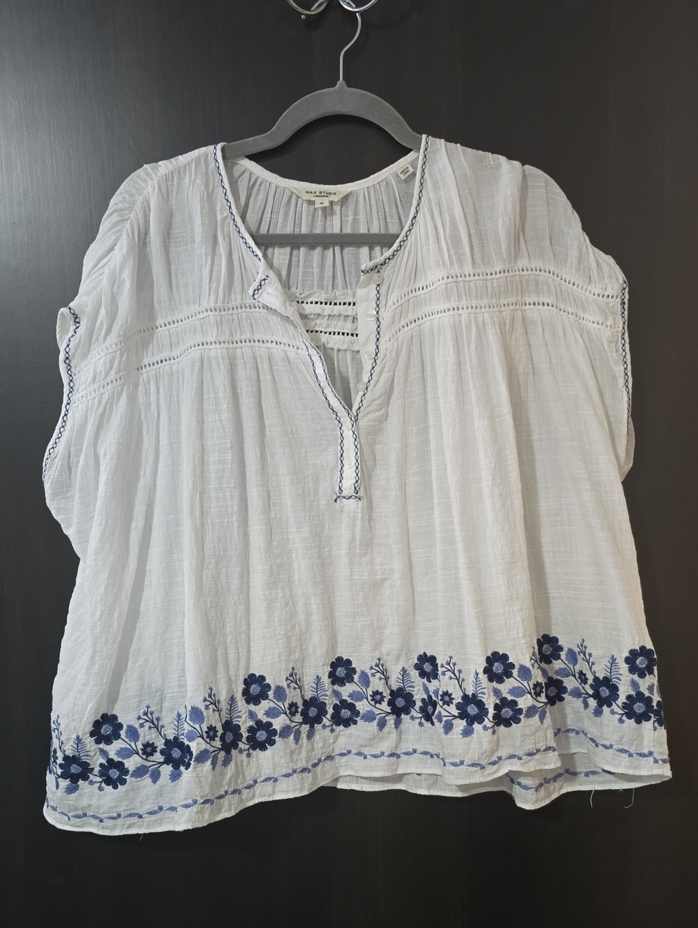 Max Studio White Tunic with Navy Floral Embroidery